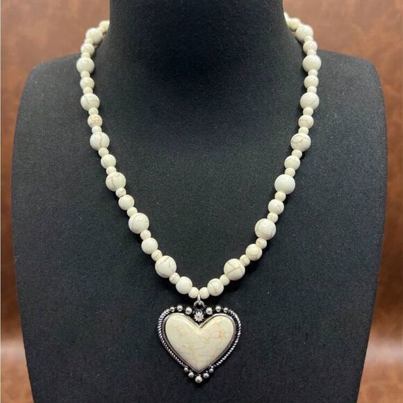 Boho Heart Beaded Necklace & Matching Heart Shaped Earrings, Fashion Jewelry Set - Picture 2 of 13